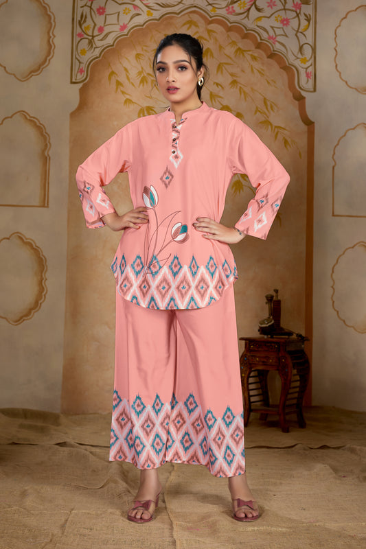 Peach Color Designer Crape Printed Cord Set
