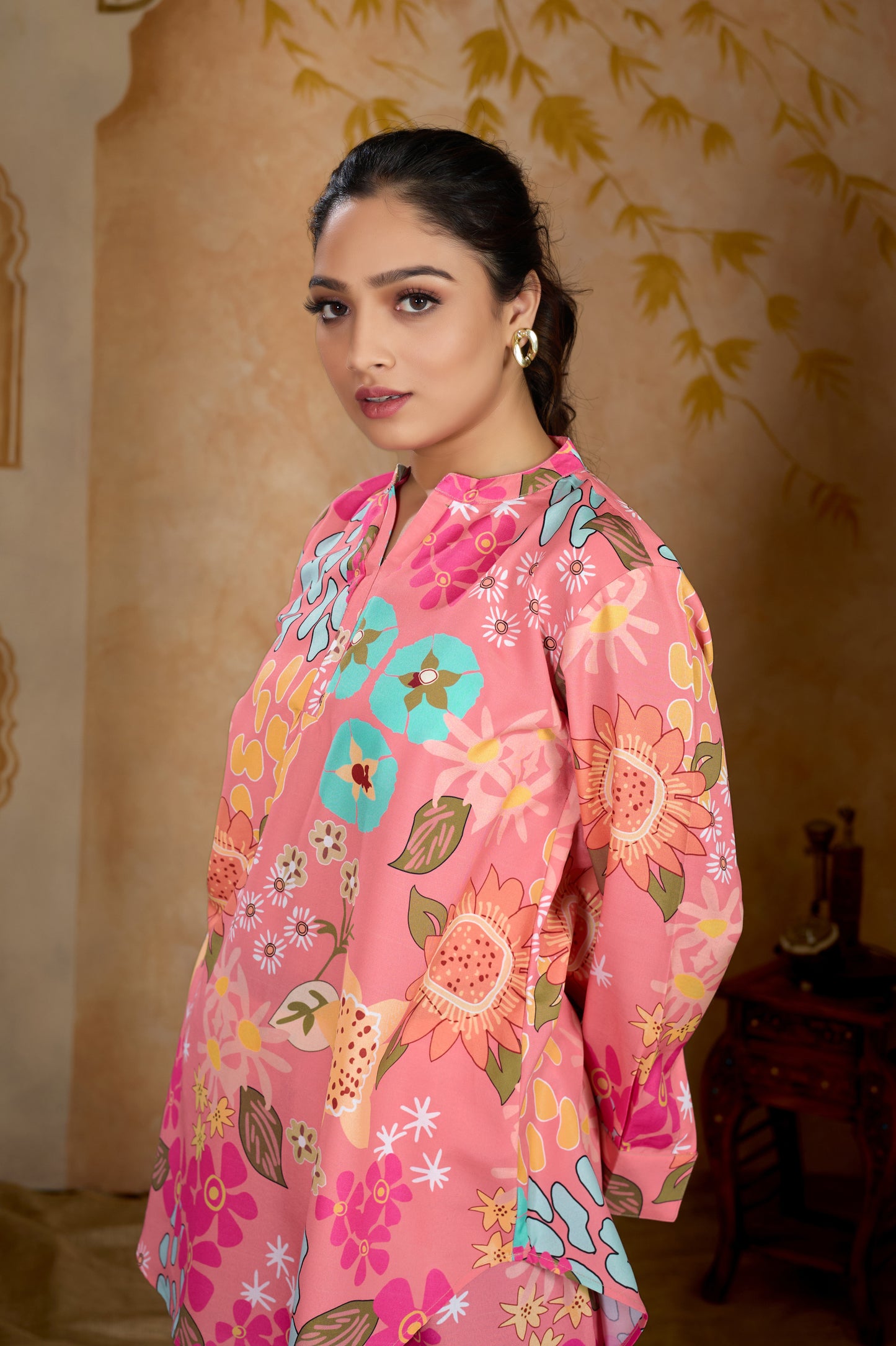 Pink Illustrated Flower Pattern Printed Cord Set