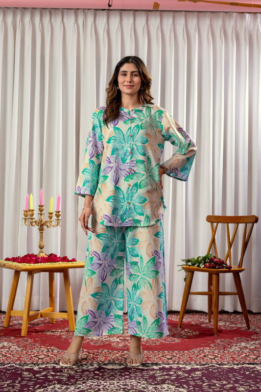 Flower Pattern Printed Rayon Cord Set