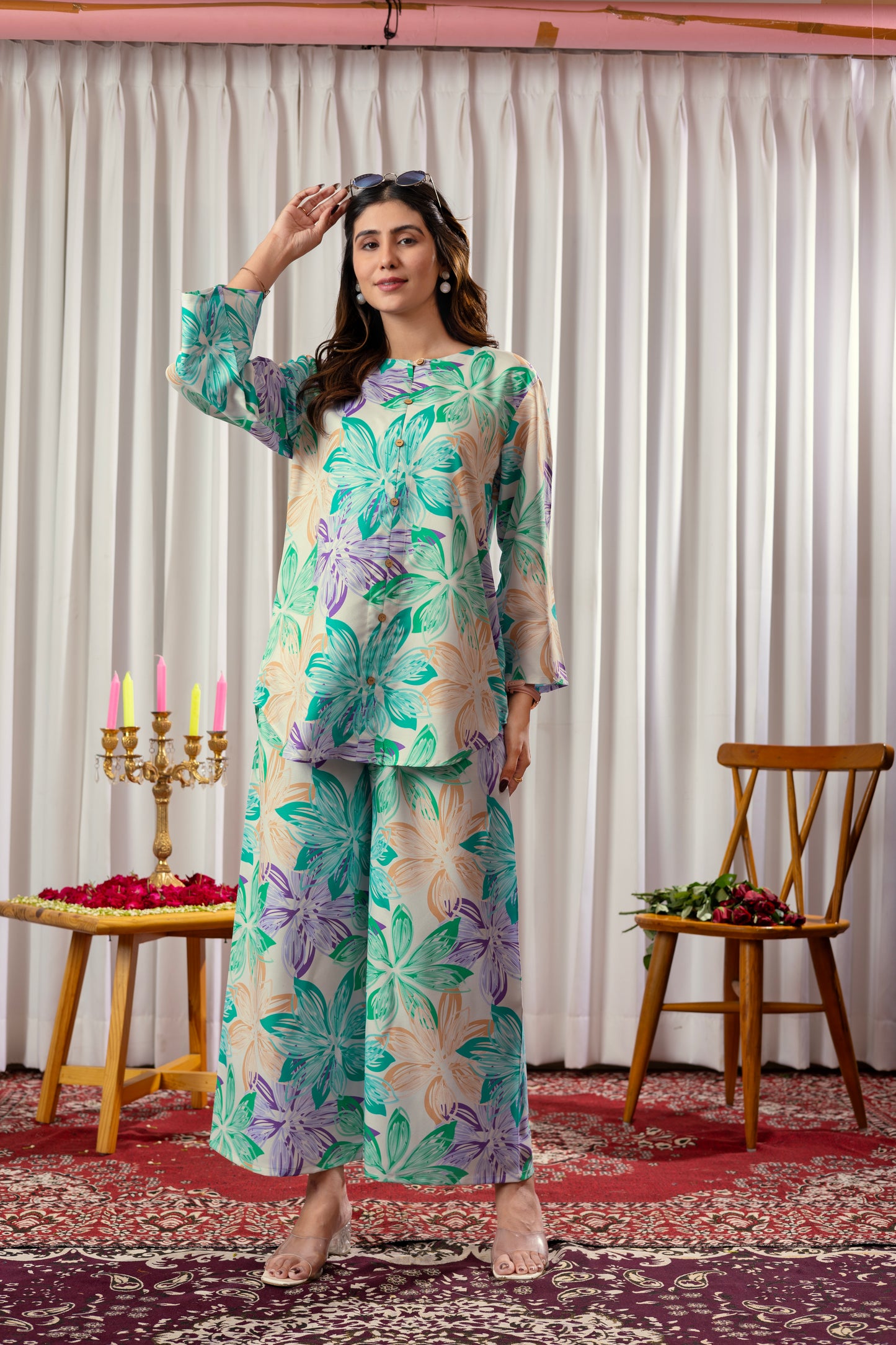 Flower Pattern Printed Rayon Cord Set