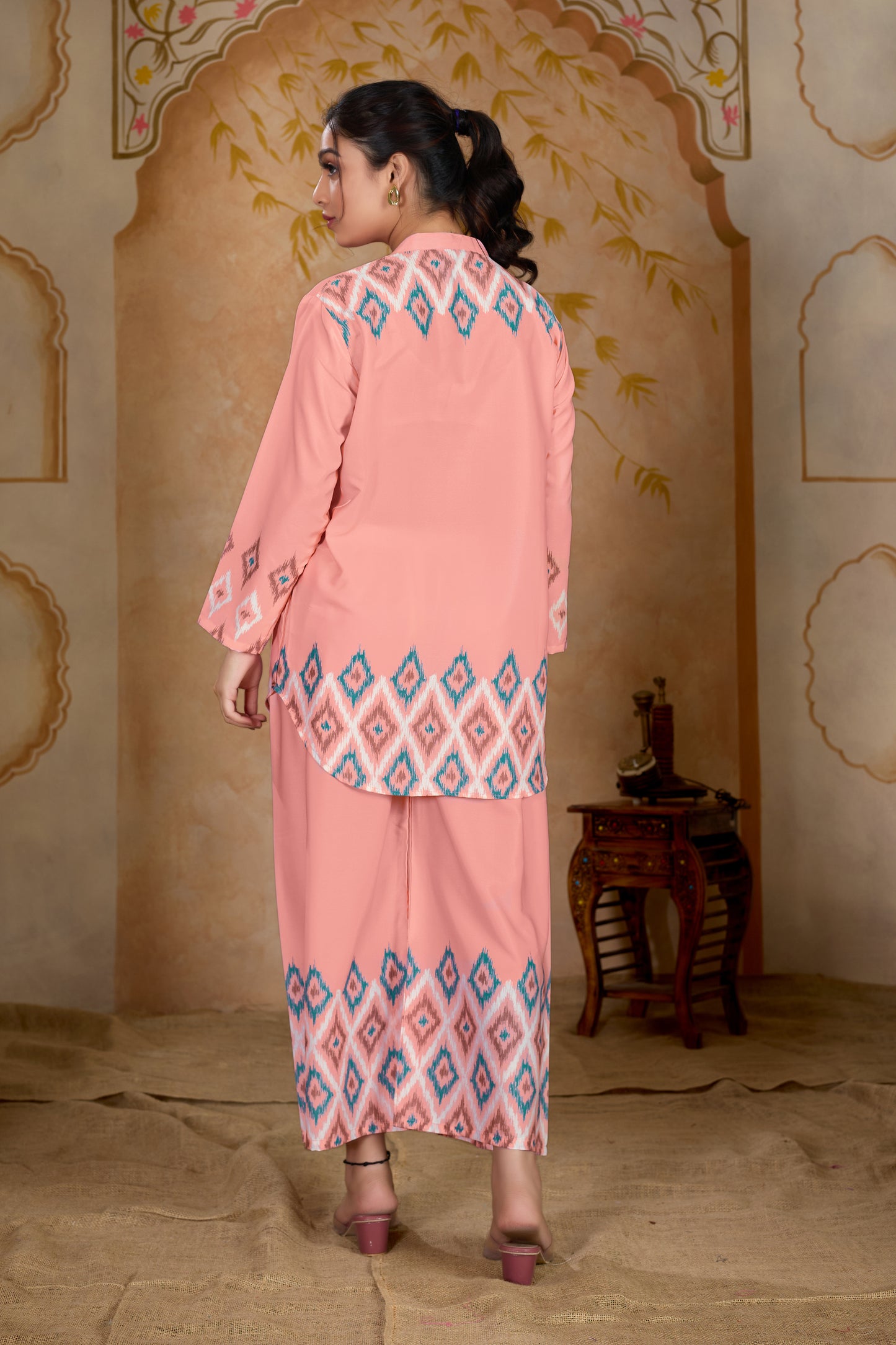 Peach Color Designer Crape Printed Cord Set