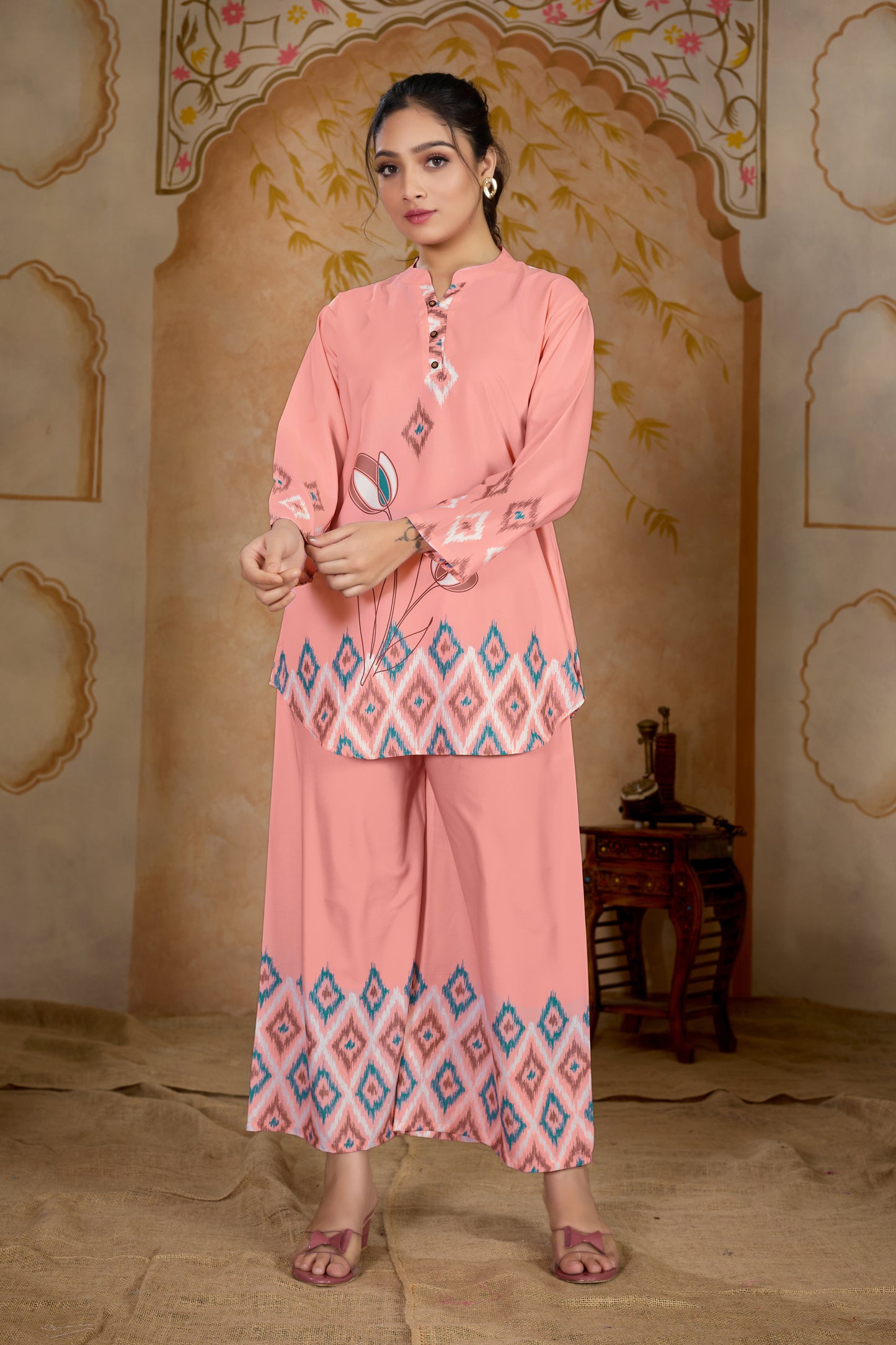 Peach Color Designer Crape Printed Cord Set