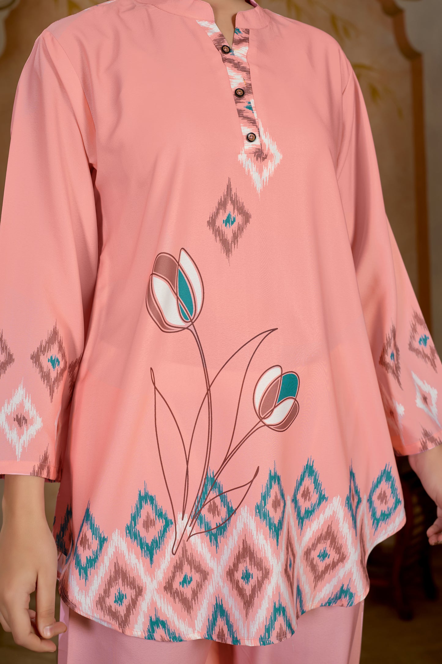Peach Color Designer Crape Printed Cord Set