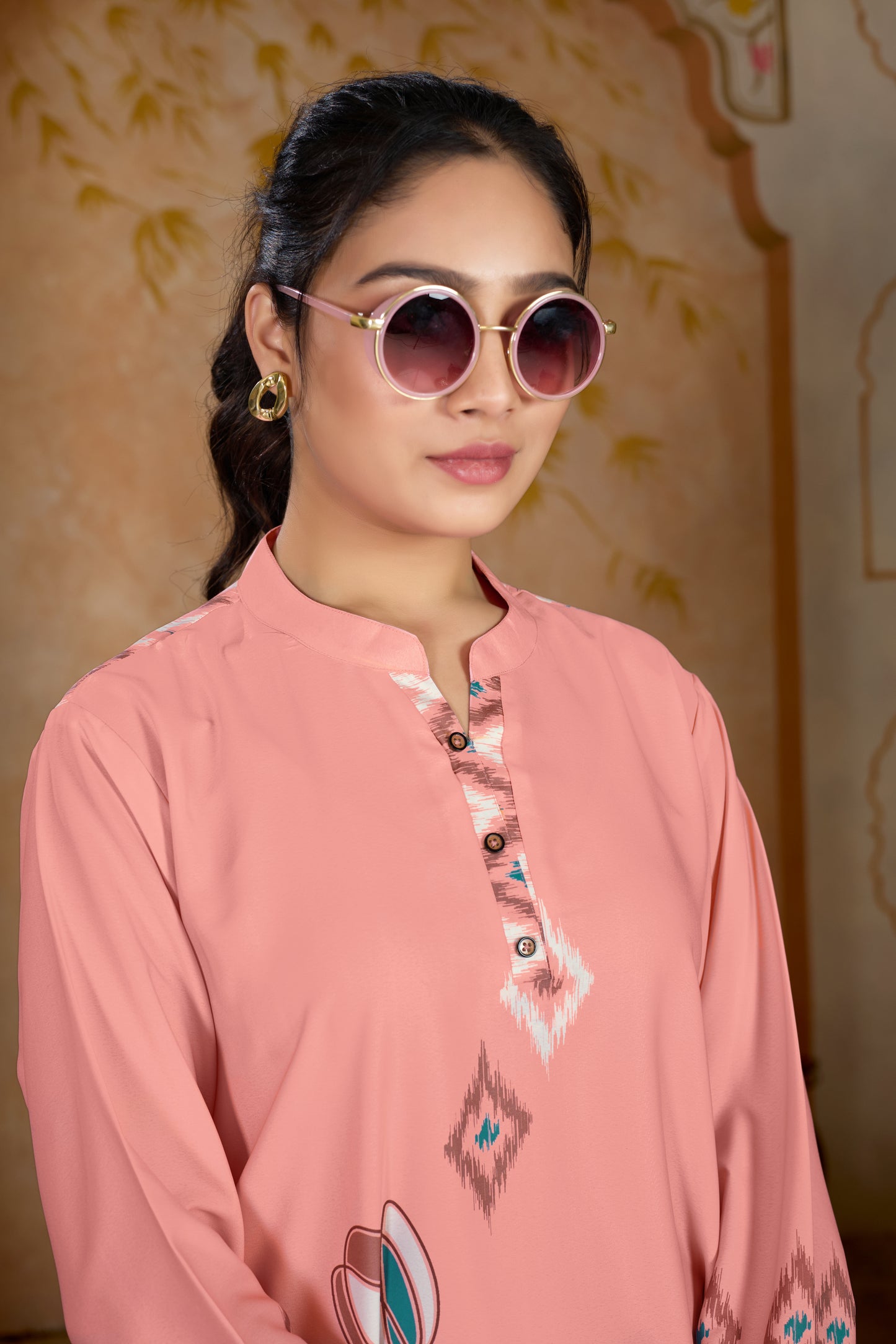 Peach Color Designer Crape Printed Cord Set