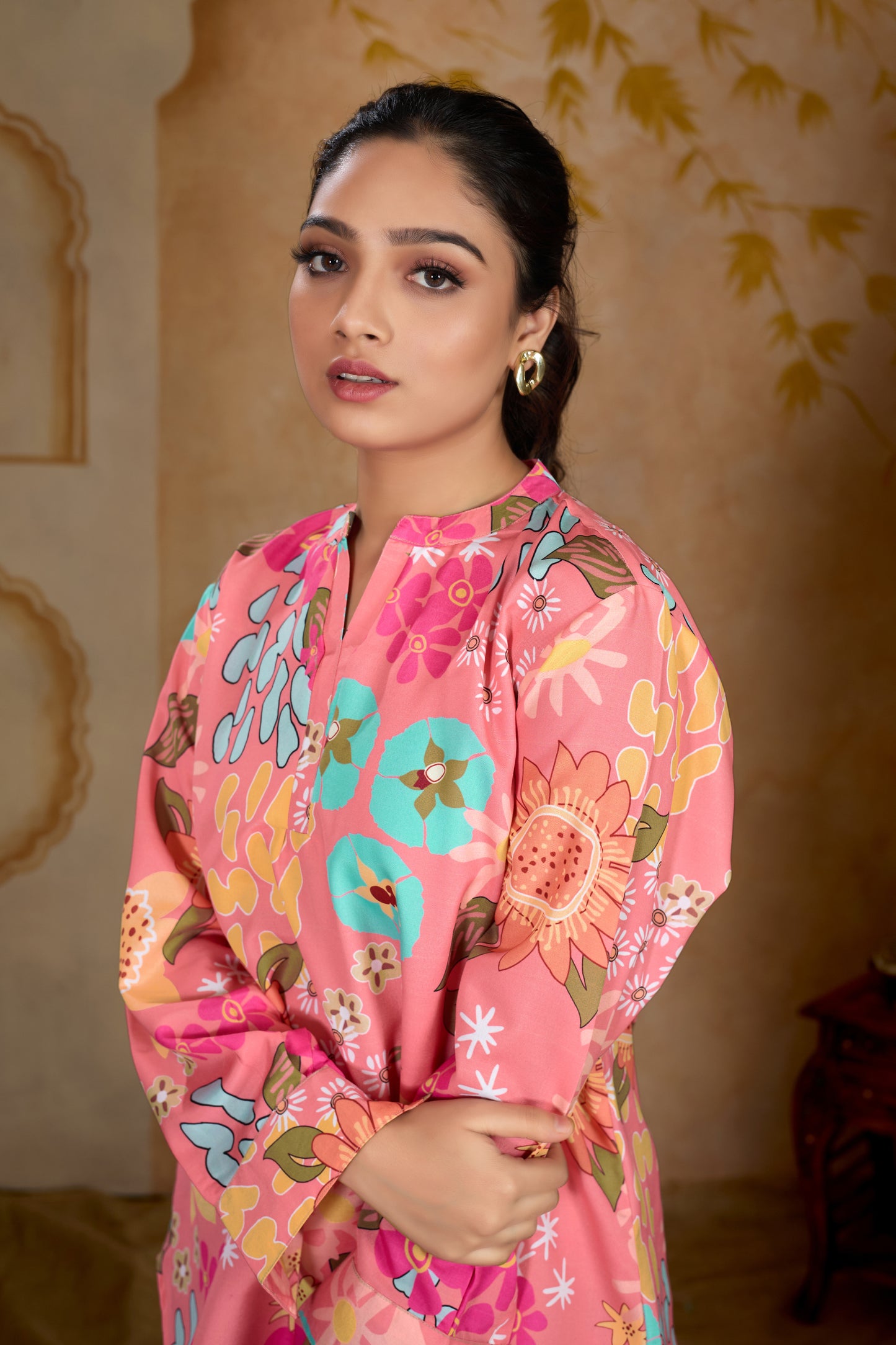 Pink Illustrated Flower Pattern Printed Cord Set