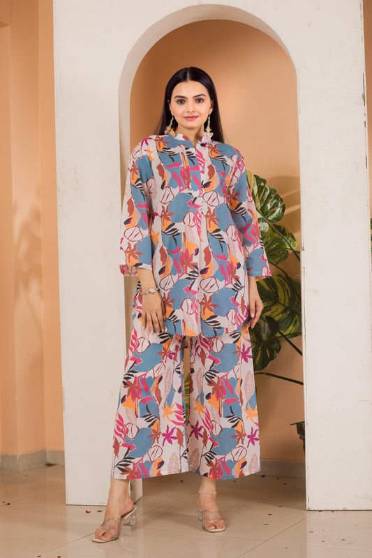 Artistic Floral Printed Cotton Cord Set