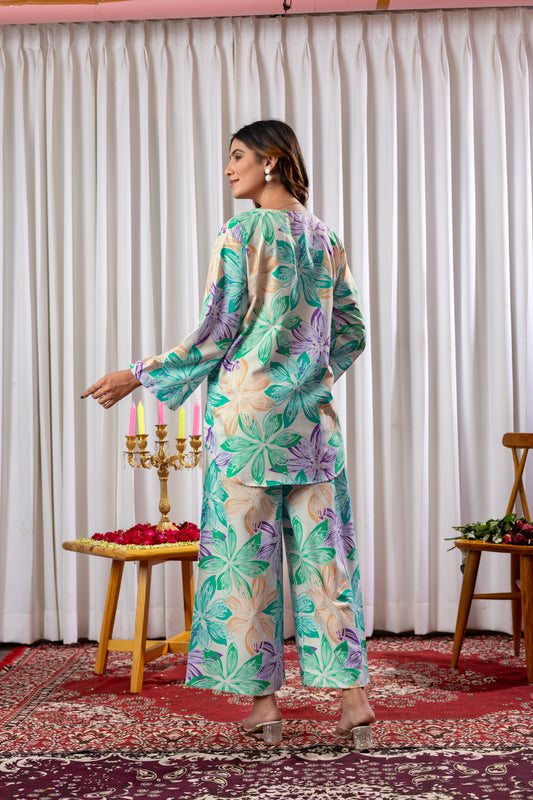 Flower Pattern Printed Rayon Cord Set