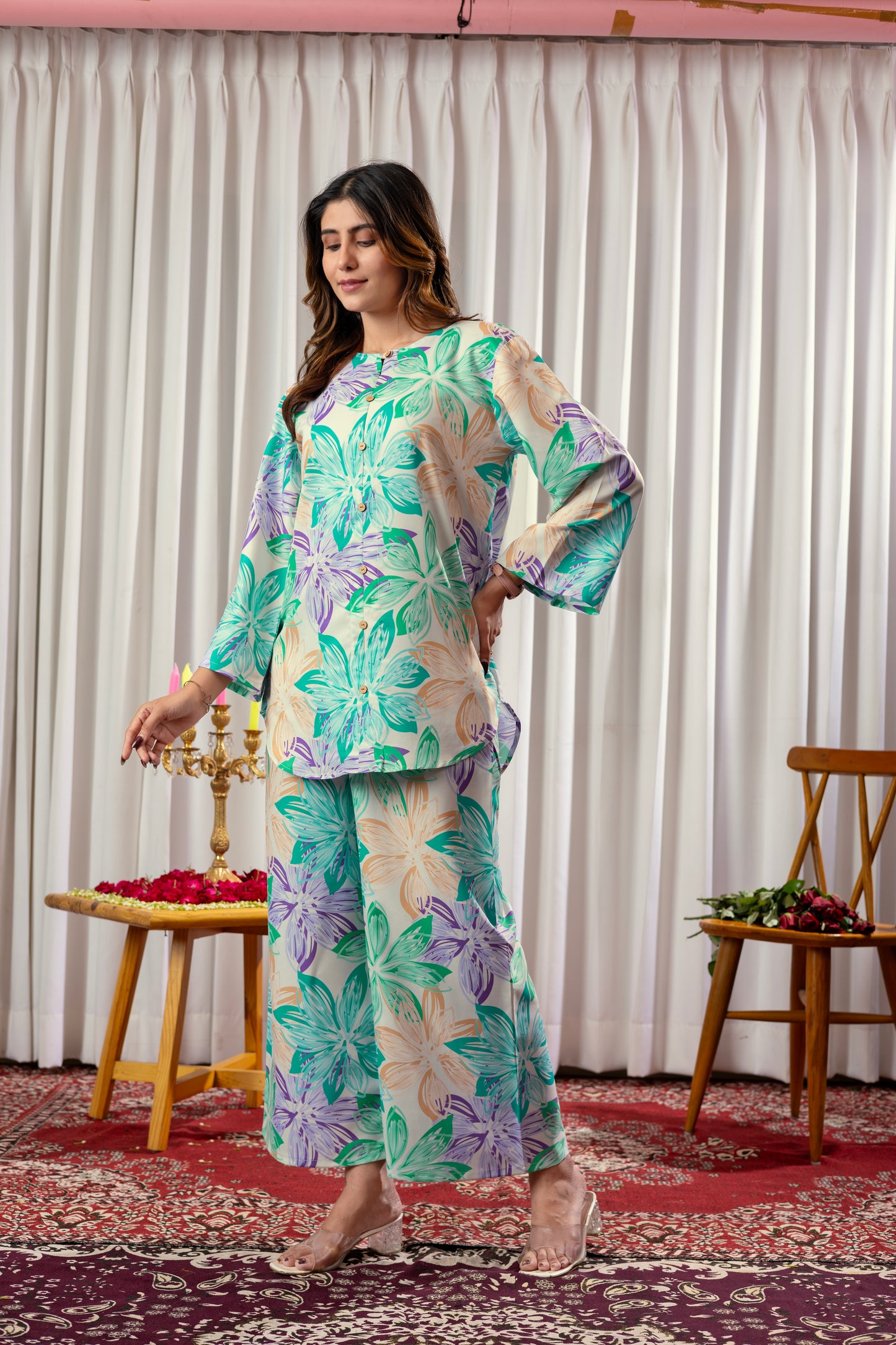 Flower Pattern Printed Rayon Cord Set