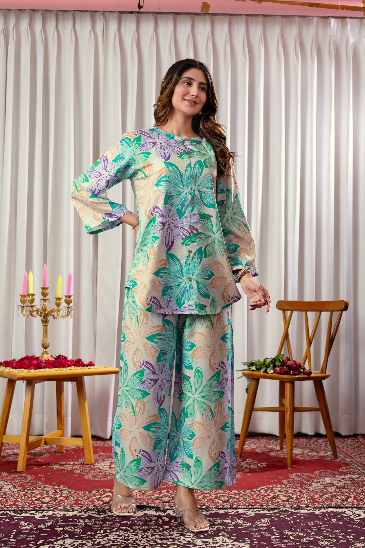 Flower Pattern Printed Rayon Cord Set