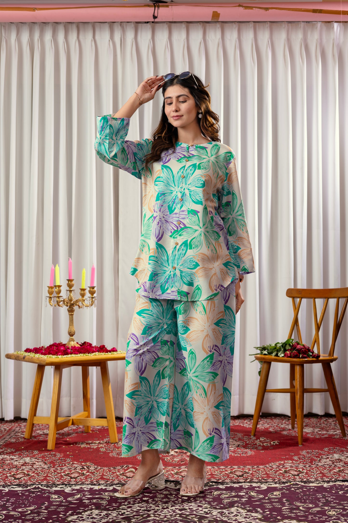 Flower Pattern Printed Rayon Cord Set