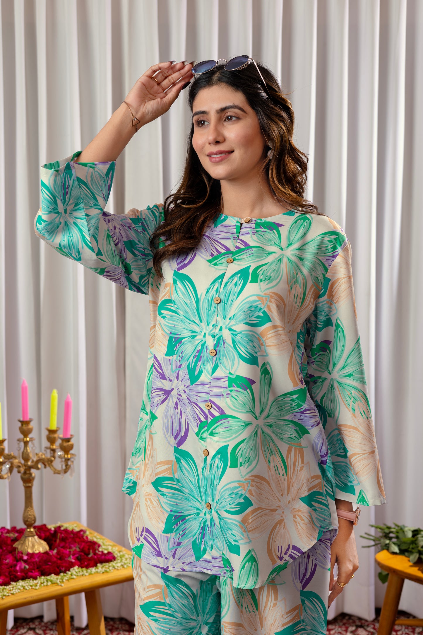 Flower Pattern Printed Rayon Cord Set